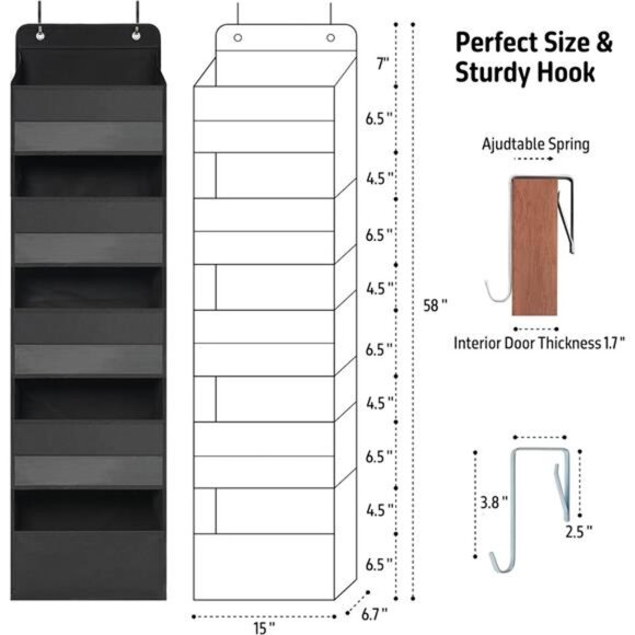 Over Door Organizer 5 Large Pockets Hanging Storage Closet Bathroom Dorm Black - Picture 2 of 7